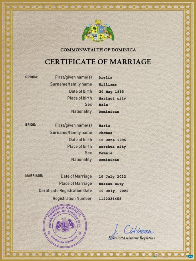 Download Dominica marriage certificate PSD template Photoshop template
